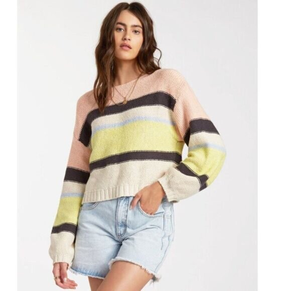 BILLABONG Seeing Stripes Sweater Crop Pink Lemongrass Sz M - Picture 14 of 15